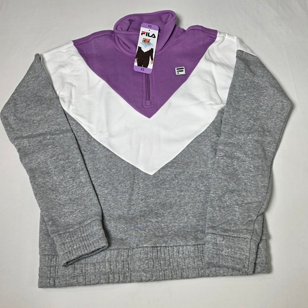 FILA Quarter Zip Sweatshirt Women XS Grey Lavender White Colorblock Chevron NWT‎